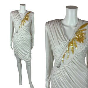 Vintage 80's Cocktail Dress Women's Extra Small White Beaded Sequin Ruched Sheat